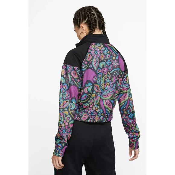 Nike black and multi color pixelated floral cropped full zip track jacket small - Picture 2 of 8
